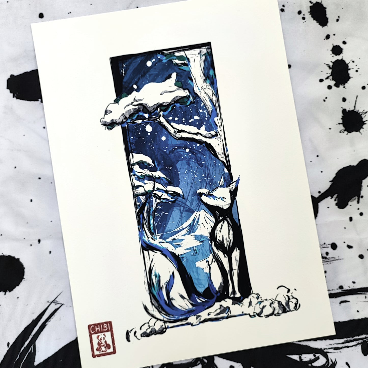 A4 Print - Inked Winter Snow Fox Painting