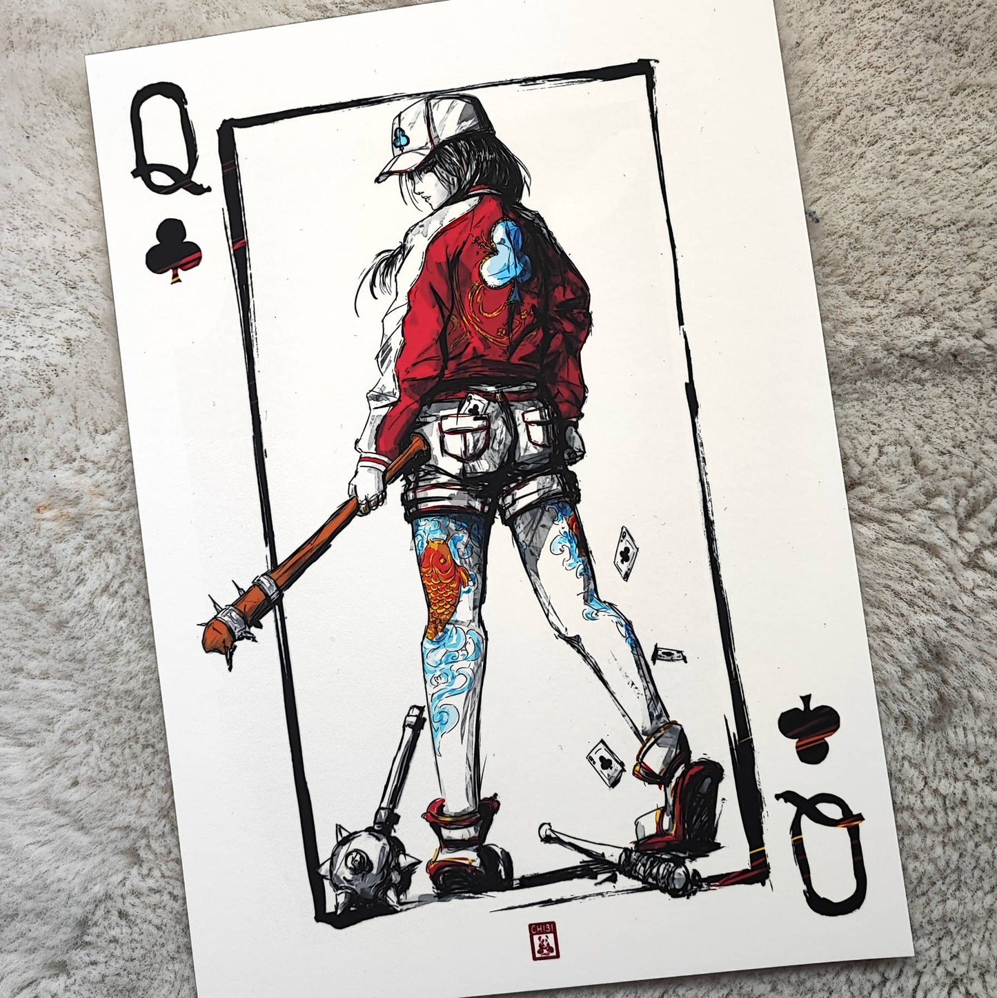 A4 Print - Inked Queen of Clubs Painting