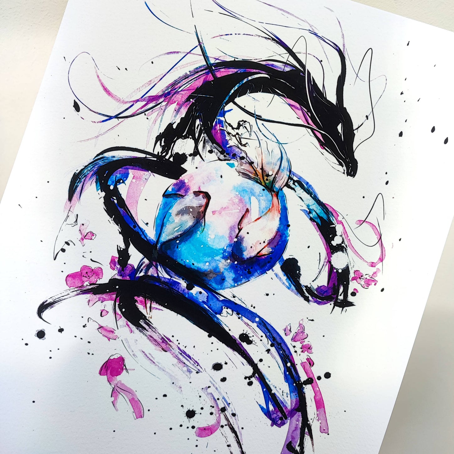 A4 Print - Inked Pink Mizuchi Dragon Painting