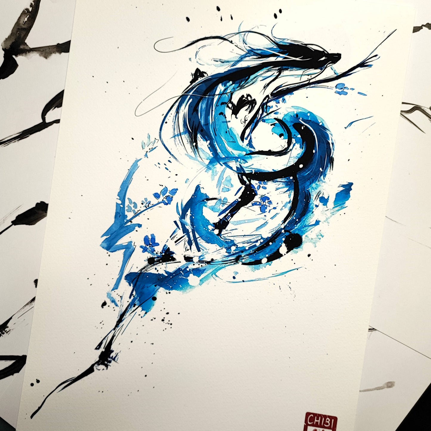 A4 Print - Inked Blue Azure Dragon Painting