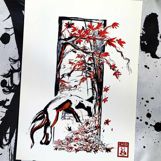 A4 Print - Inked Autumn Maple Leaves Fox Painting