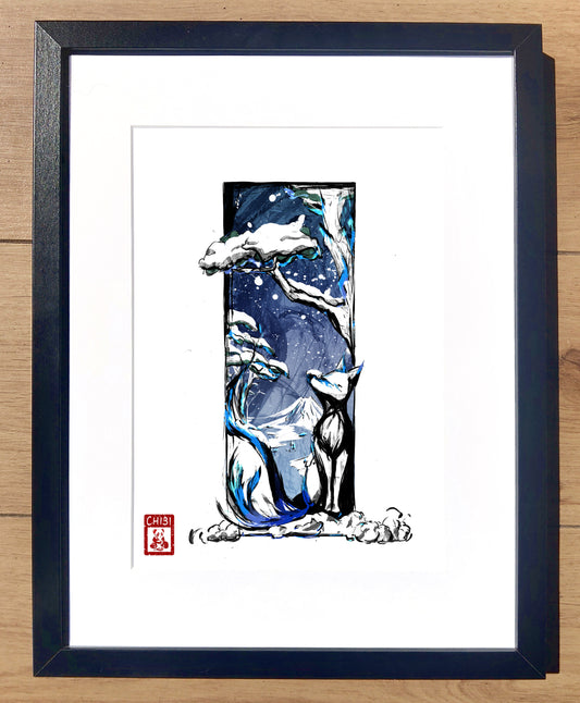 A4 Print - Inked Winter Snow Fox Painting