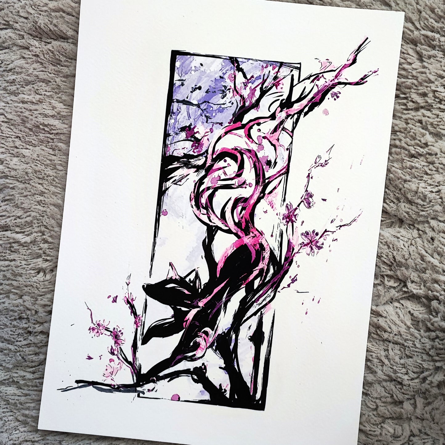 A4 Print - Inked Sakura Spring Fox Painting